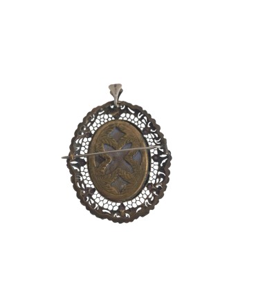 Antica miniatura spilla e ciondolo in argento e oro