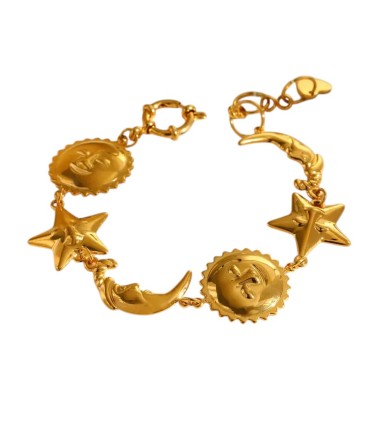 Bracciale in acciaio dorato, sole, luna, stelle