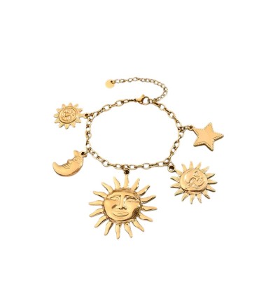 Bracciale in acciaio dorato, con luna, stella, e grande sole.