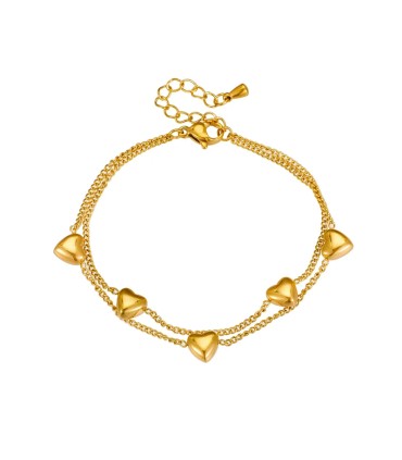 Bracciale acciaio dorato a doppia catena con cuori