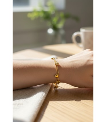 Bracciale acciaio dorato a doppia catena con cuori