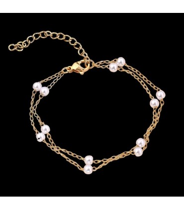 Bracciale doppia catena dorato con perline bianche
