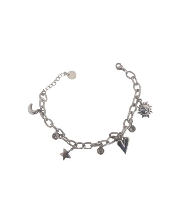 Bracciale in acciaio colore argento con cuore, stella, mezzaluna