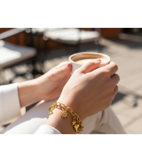 Bracciale in acciaio colore oro, sole, mezzaluna, cuore, punti luce