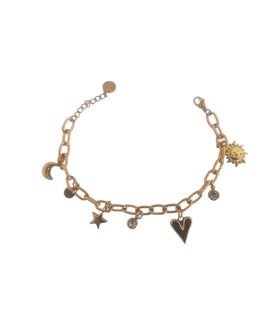 Bracciale in acciaio colore oro, sole, mezzaluna, cuore, punti luce