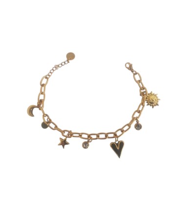 Bracciale in acciaio colore oro, sole, mezzaluna, cuore, punti luce