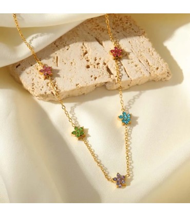 Collana in acciaio dorata con piccoli fiori cubic zirconia