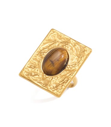 Anello in acciaio dorato rettangolare con occhio di tigre