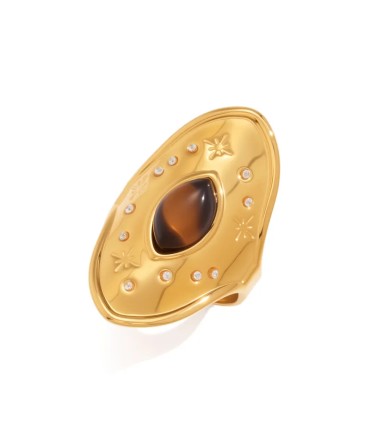 Anello in acciaio dorato ovale con occhio di tigre